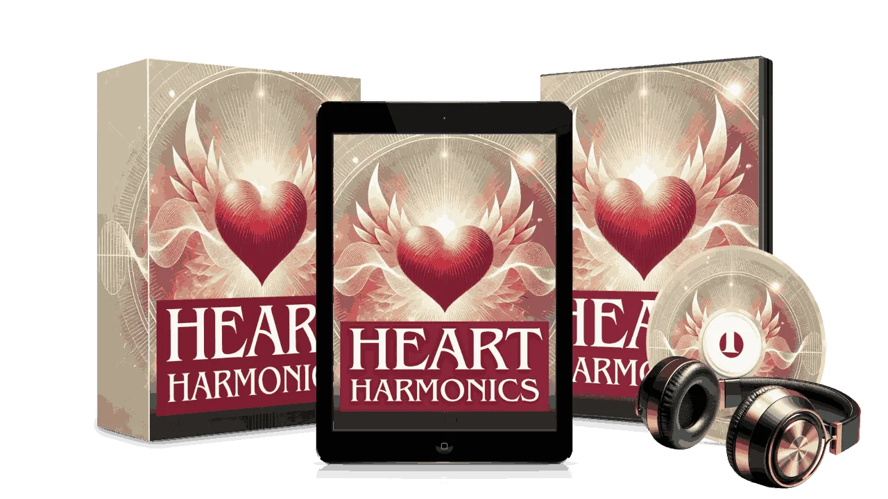 Heart Harmonics complete digital audio collection displayed on tablet with product box and premium listening headphones