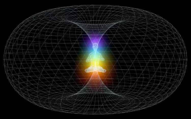 Detailed visualization of human electromagnetic torus field displaying energy flowing in toroidal pattern around meditating figure with rainbow chakra alignment